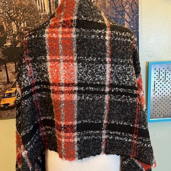 Red/Gray/Black Plaid super soft long oversized blanket scarf fringe trim - Picture 6 of 15
